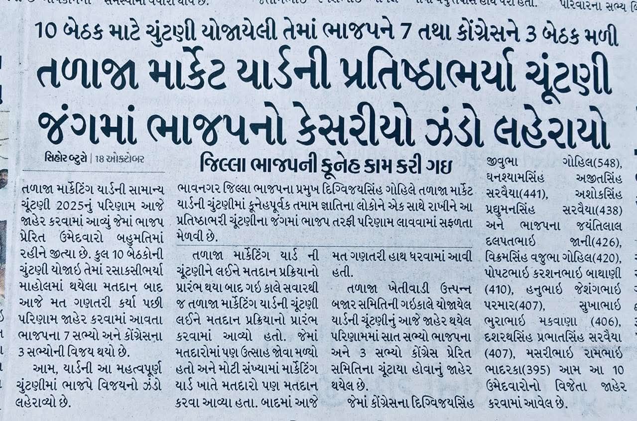 તા.૧૯-૧૦-૨૦૨૫ ના રોજ તળાજા માર્કેટ યાર્ડની પ્રતિષ્ઠાભર્યા ચૂંટણી જંગમાં ભાજપનો કેસરિયો ઝંડો લહેરાયો.